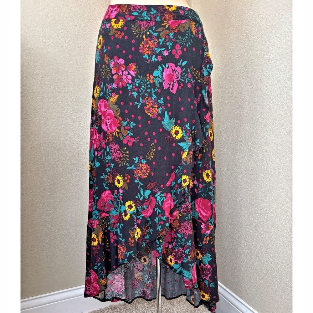 Womens High Low Dark Floral Maxi Skirt Small Boho Indie Festival Cottage